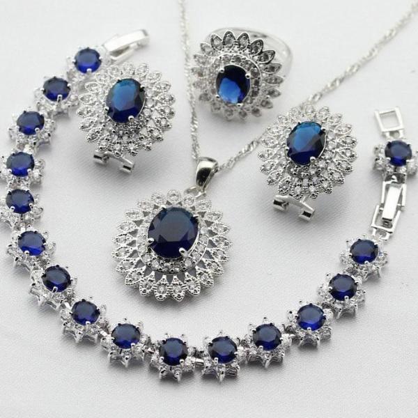 Dark Blue Cubic Silver Jewelry Sets